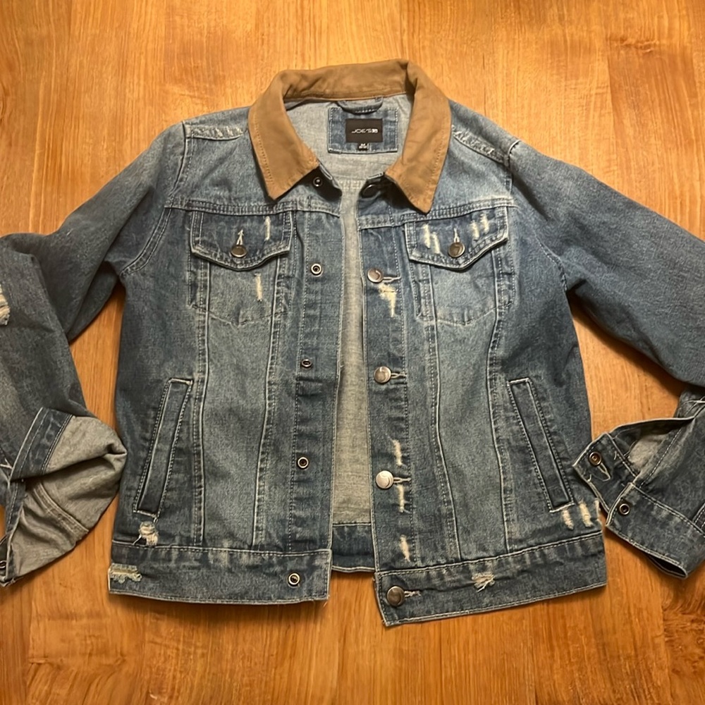 Joe’s kids distressed denim jacket, size 10-12, with faux leather collar